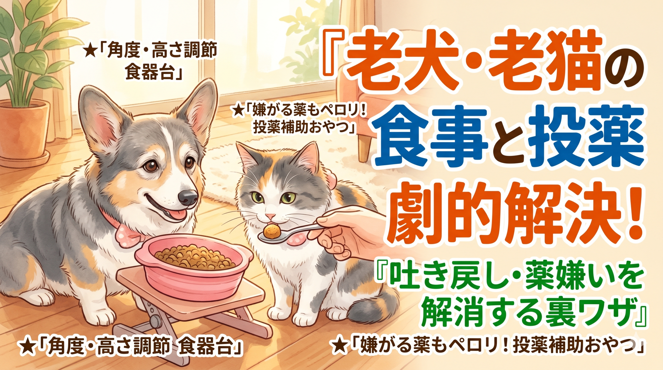ペットシニア期の食欲不振・吐き戻し対策！食べやすい「傾斜付き食器台」と投薬補助の裏ワザ